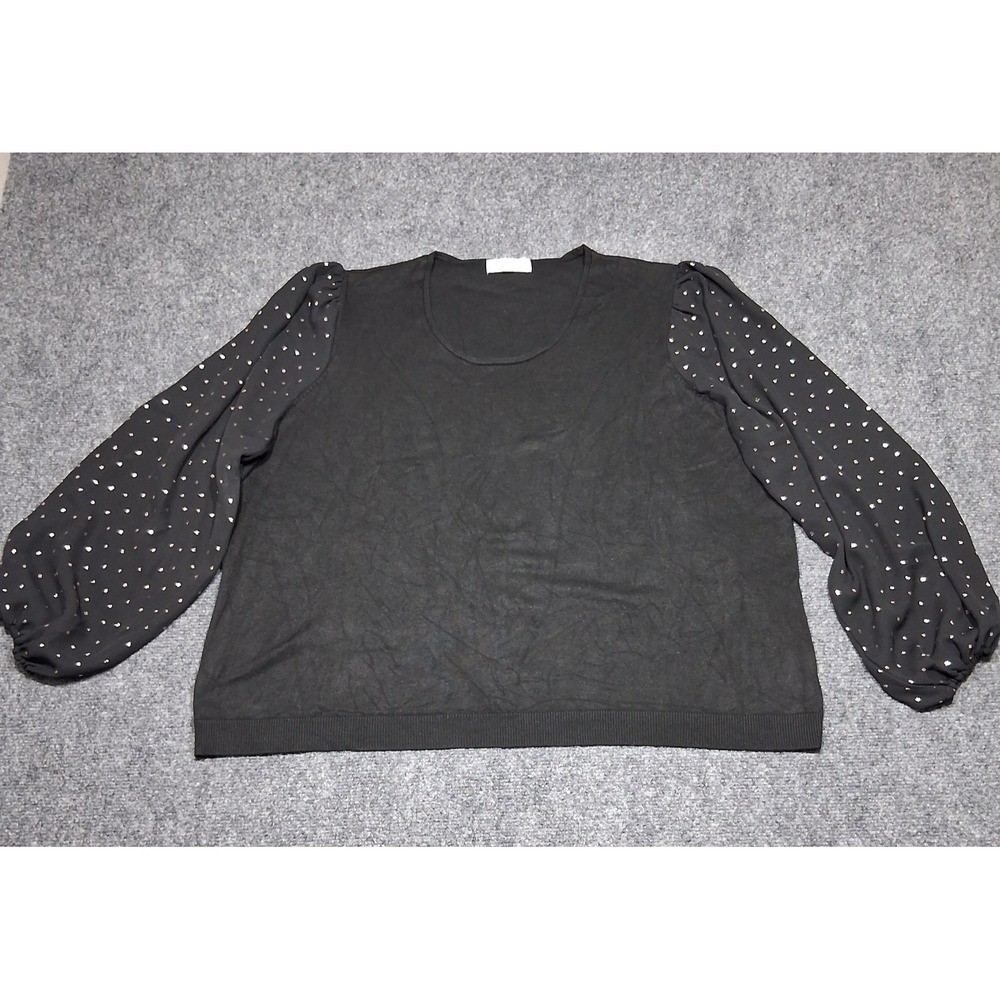 89th + Madison Womens 1X Black Gold Foil Polka Dot Balloon‎ Sleeve Top Blouse